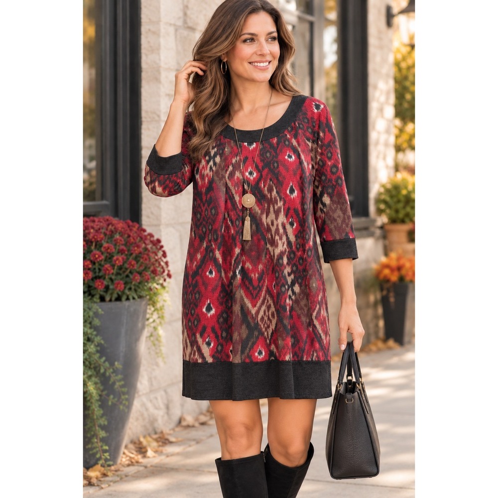 NWT Tiana B Dress Women Large Red Black Ikat Tribal Print 3/4 Sleeve Fall Knit